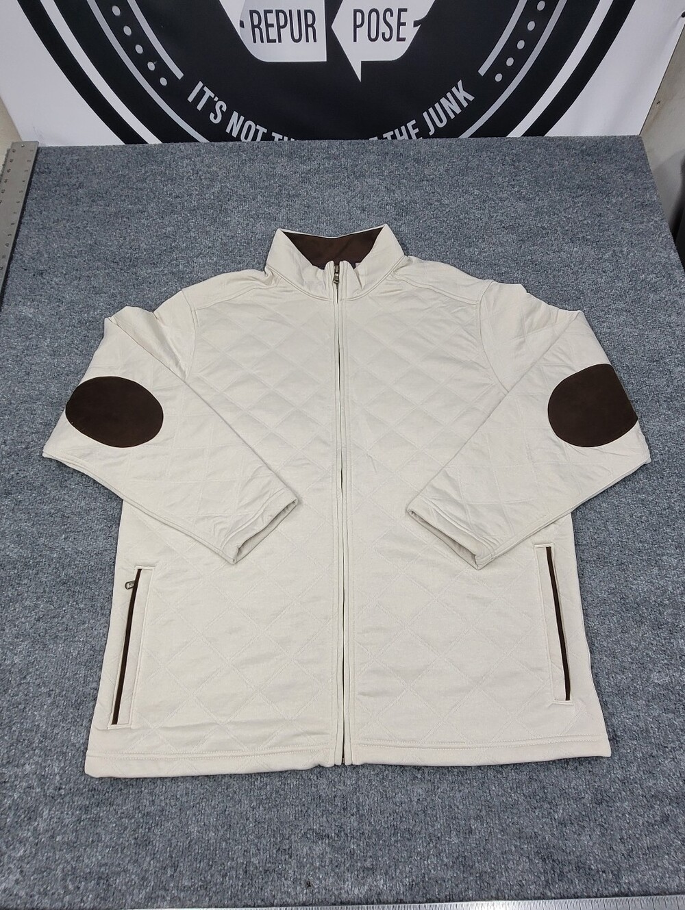Cremieux Luxury Mens XL Quilted Jacket Cream Brown Elbow Patch Full Zip